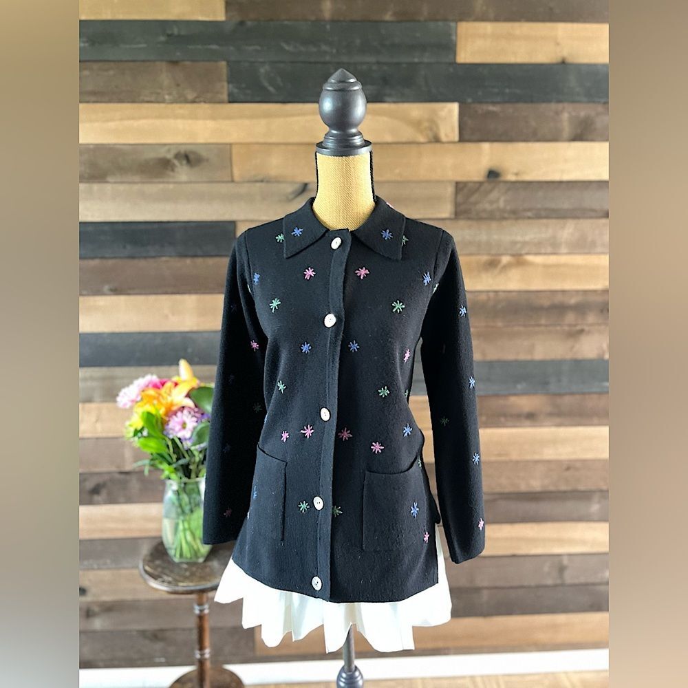 90s Vintage NYBASED Acrylic Wool Black Shell Button Up Cardigan Embroidered
